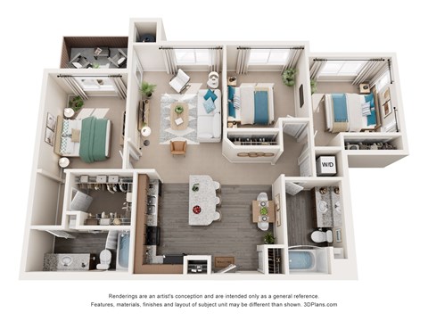 Floor plan for 3 beds, 2 baths, 1335 sqft